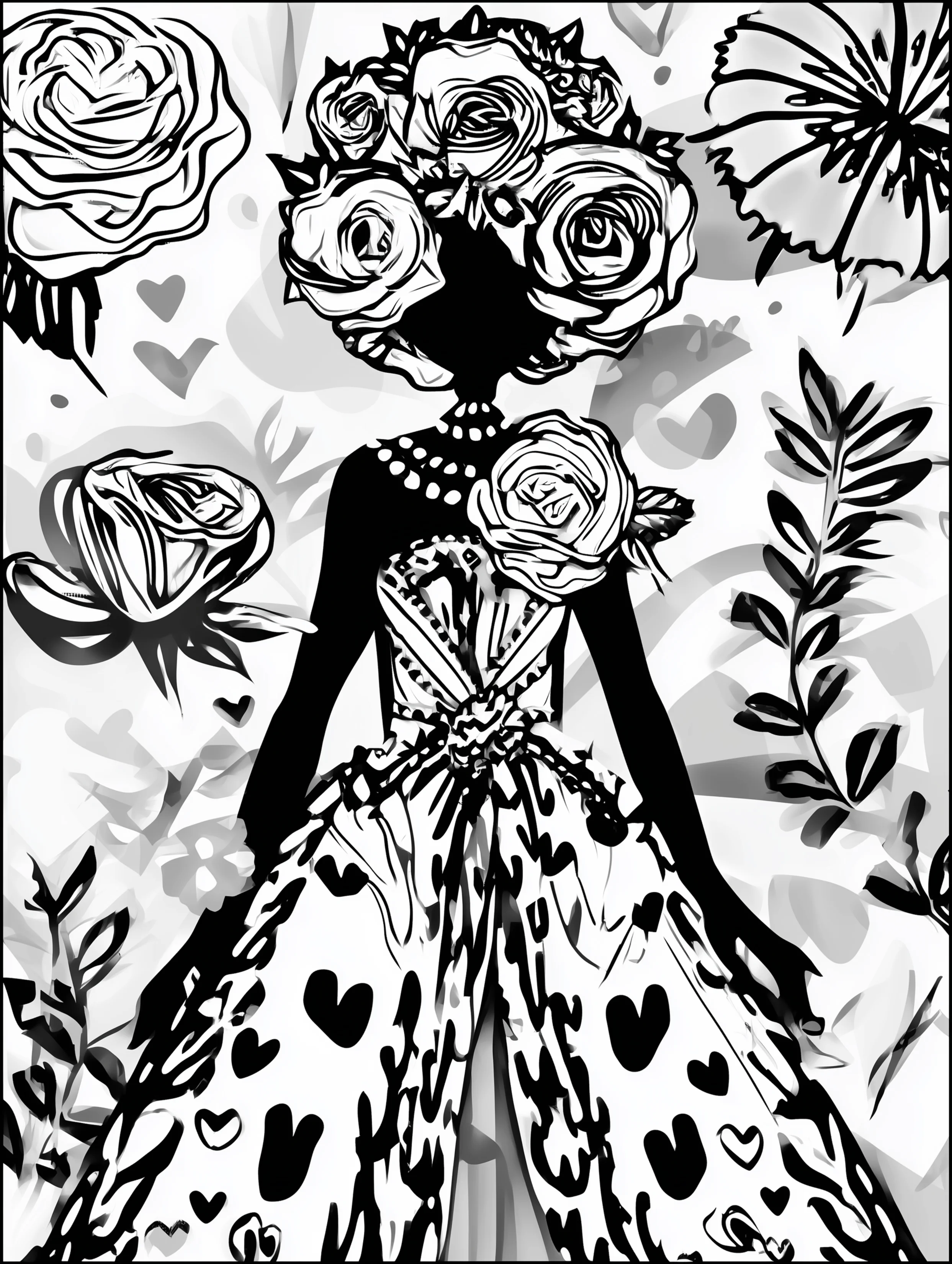 Free printable coloring page for adults featuring a glamorous lady wearing a dress